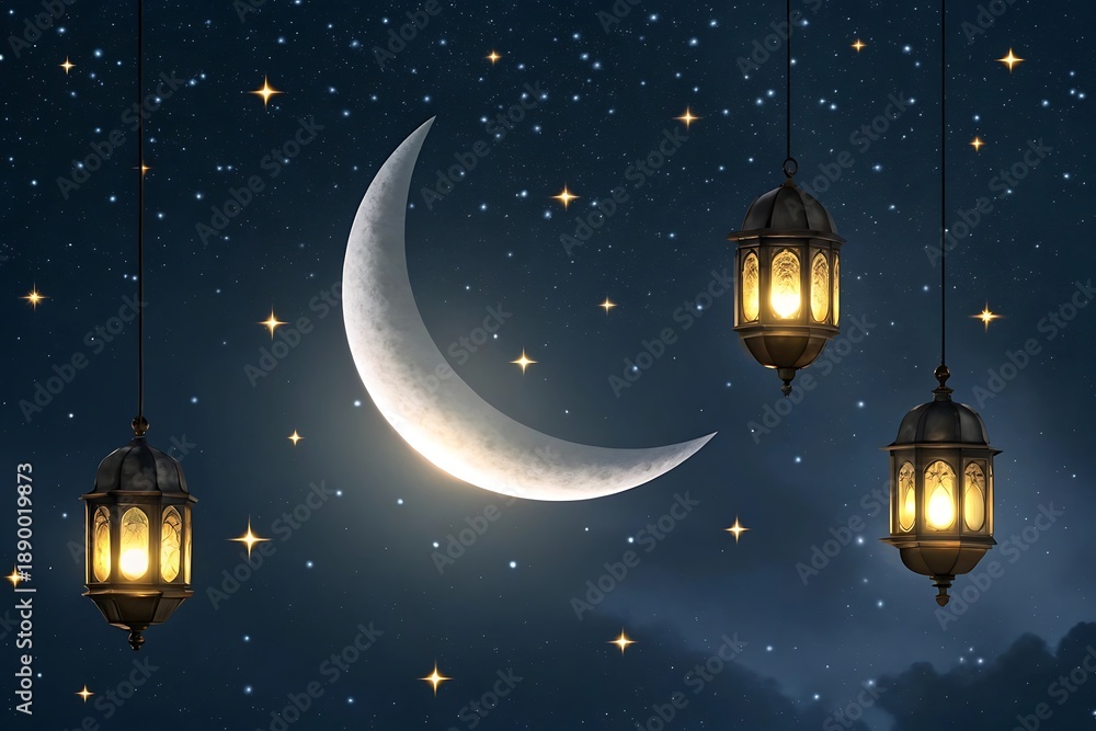 Fototapeta premium Illuminated lanterns under a crescent moon