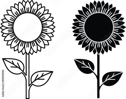 a simple black and white illustration displays two sunflowers with differing internal detail one light and one dark high quality professional