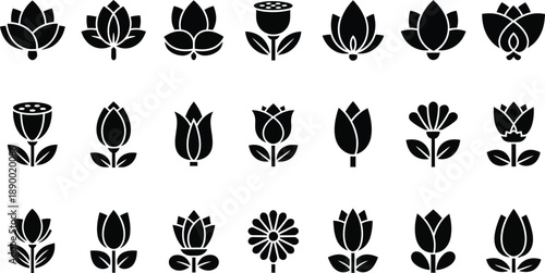 a collection of simplistic black floral icons depicting various blooming flowers and budding plants in a uniform style high quality professional