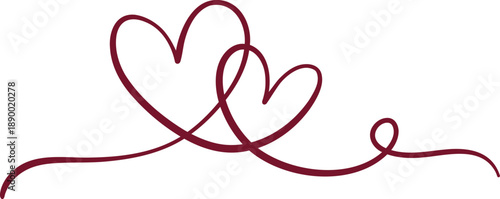 Burgundy romantic double heart swirl vector linear banner, valentine elegant swirl