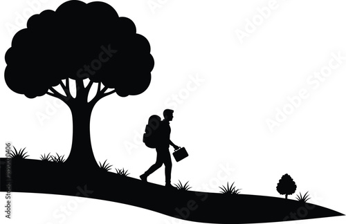 a silhouetted depiction of a lone hiker walking with a bag and basket near trees and grassy terrain high quality professional