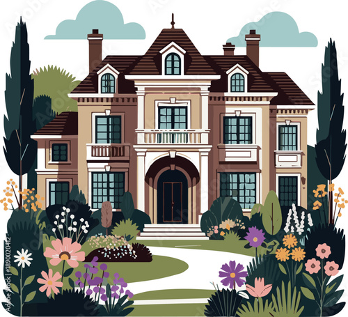 Create a realistic Luxurious residential house with a big beautiful garden with blooming flowers and bushes vector art with white background.
