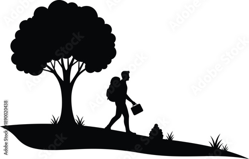 a silhouetted depiction of a lone hiker walking with a backpack and lunch pail under a large tree high quality professional
