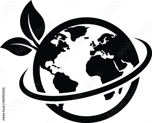 A striking black and white logo depicts a globe encircled by a swirling orbit and adorned with vibrant green leaves symbolizing environmental consciousness