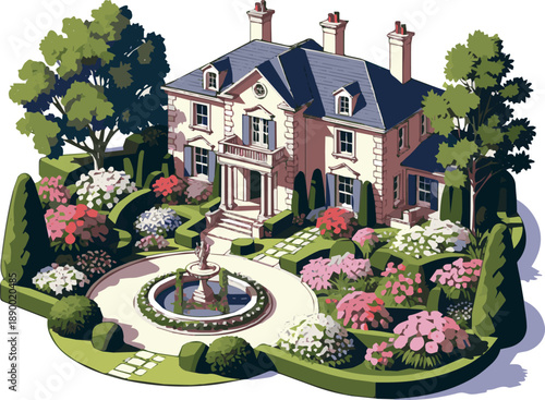 Create a realistic Luxurious residential house with a big beautiful garden with blooming flowers and bushes vector art with white backgroun