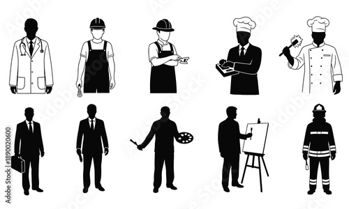 Diverse male professionals icons doctor engineer chef artist pilot firefighter businessman