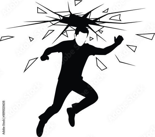 Shattering glass window silhouette with man jumping forward and many flying fragments