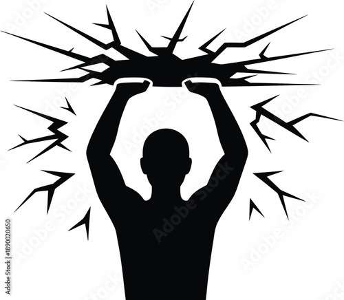 Silhouette of man holding up heavy cracked ceiling or breaking ground from below concept