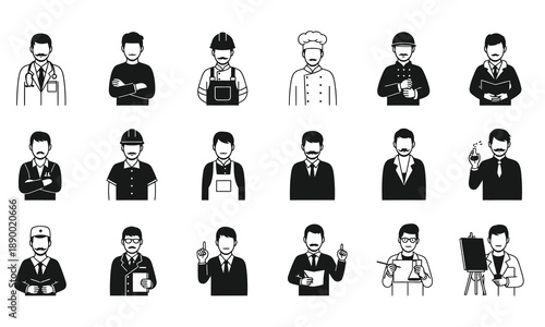 Set of male professional avatar icons with diverse career occupations in flat design style