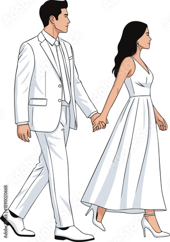  Create a realistic Man and woman in elegant white clothes walking hand hand seen from the side view vector art with white background..