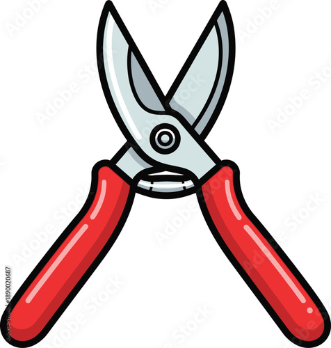a brightly colored illustration depicts a pair of gardening shears with red handles and shiny metal blades isolated on a white background