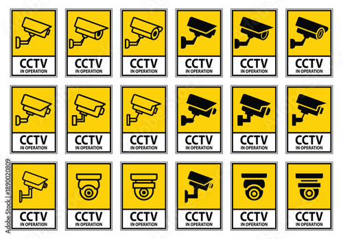 Multiple CCTV Camera Warning Signs in Bright Yellow Design for Safety Alerts