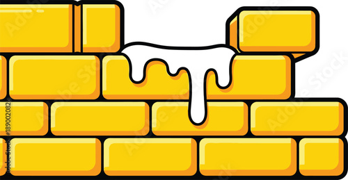 A cartoon depiction showcases a yellow brick wall with a significant gap and dripping white substance possibly glue or mortar