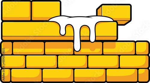 A cartoon illustration depicts a yellow brick wall with a section broken open revealing dripping white substance high quality professional detailed