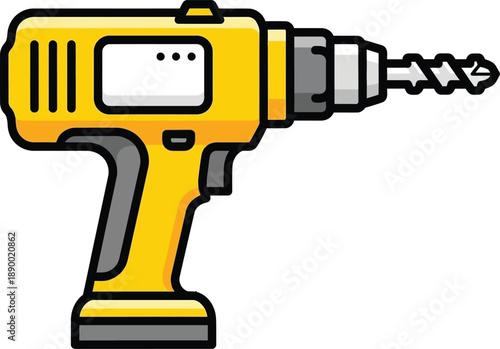 A vibrant cartoon illustration depicts a yellow and black power drill showcasing its handle trigger and drill bit clearly high quality