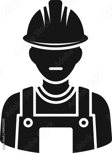 A simple black and white illustration depicts a construction worker wearing a helmet and overalls representing safety and labor high quality