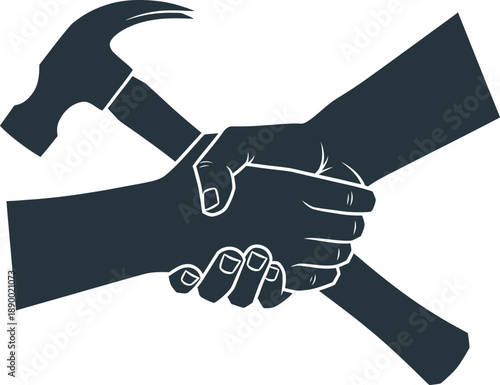 A symbolic representation of a handshake intertwined with a hammer and wrench illustrating collaboration agreement and construction work high quality professional