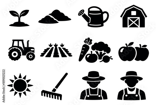Graphic icon farming set featuring rural objects, agricultural tools, fresh produce, and farmers for gardening and harvest concepts