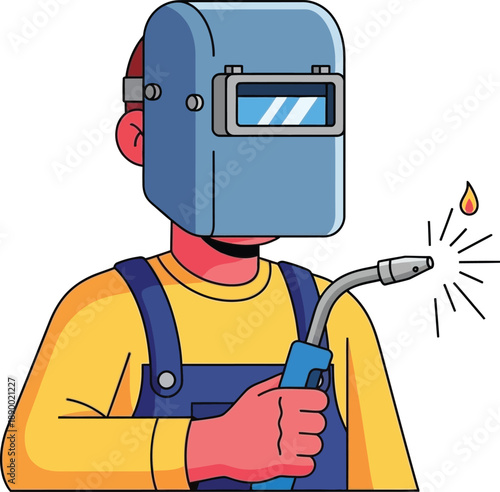 a cartoon illustration depicts a welder wearing protective gear and actively engaged in a welding process with sparks flying high quality