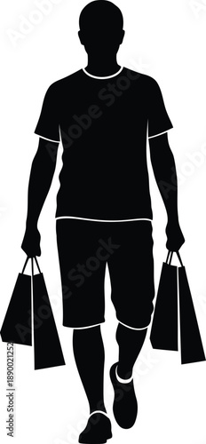 A silhouetted figure of a man walking forward carrying multiple shopping bags suggesting a recent shopping trip or errand high quality