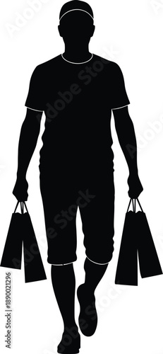 a silhouette of a person walking forward carrying two shopping bags suggesting retail therapy or errands completed high quality professional detailed