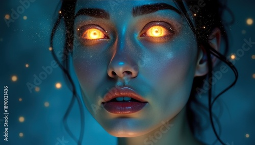 Mystical Woman With Glowing Eyes in Dark Fantasy Atmosphere