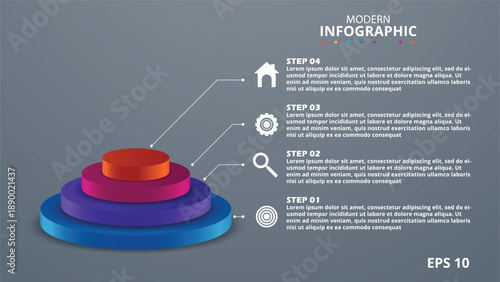 4-Step 3D Circular Pyramid Infographic Template. Vector Presentation Slide with Layered Cylinder Chart, Modern Business Icons, and Professional Dark Theme
