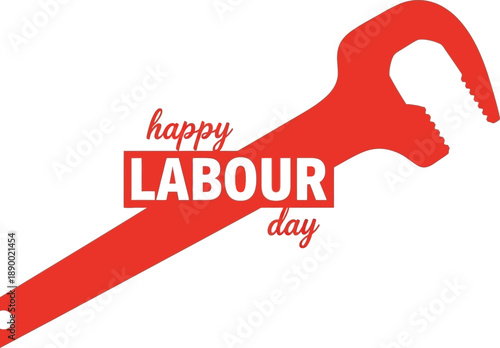 A vibrant red wrench overlapping the words happy labour day in a celebratory graphic design symbolizing workers and their contributions
