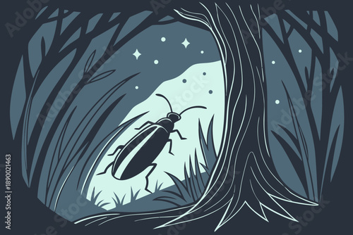 A Lone Firefly Illuminates a Mysterious Forest Night With Twinkling Stars