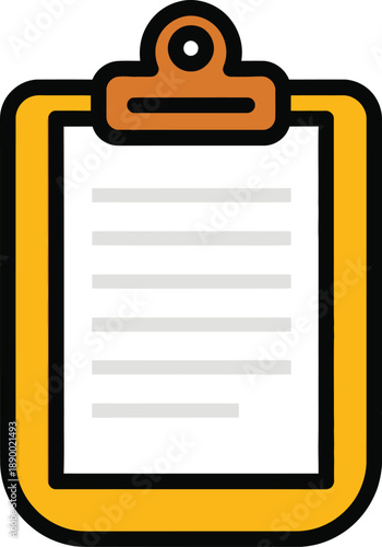 A brightly colored illustration depicts a yellow clipboard with a black metal clip containing lined paper for notes or tasks