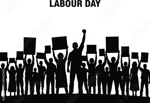 A stark black and white image depicts a labour day rally with a crowd of silhouetted figures raising fists and signs