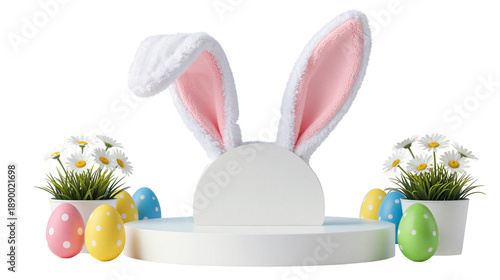 Easter Bunny Ears with Colorful Eggs and Flowers on White Podium