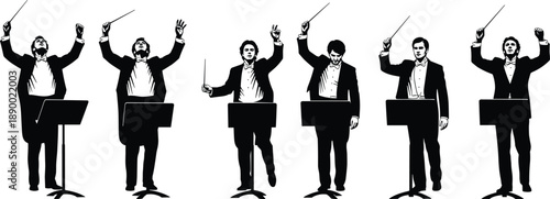 Orchestra conductor silhouettes set showing music directors leading symphony performance classical concert gesture concept isolated on white background vector illustration
