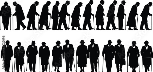 Elderly men and women silhouettes walking with canes showing aging process senior lifestyle history timeline concept isolated on white background