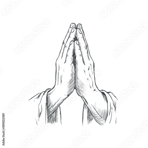 Pencil sketch style vector illustration of praying hands folded in a classic prayer gesture. Symbol of Christian faith, devotion and spirituality, isolated for religious design	