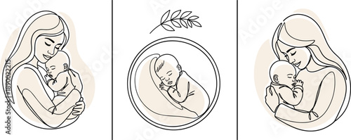 Mother and baby line art illustration set showing maternal love newborn care minimal motherhood concept isolated on white background