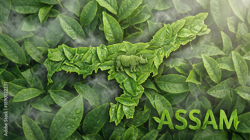 Assam State Map Fresh Green Tea Leaves and Nature Concept