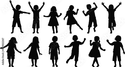 Happy children silhouettes set showing boys and girls jumping dancing playful kids activity concept isolated on white background vector illustration