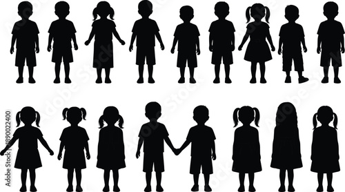Children silhouettes collection showing boys and girls standing together kids childhood diversity concept isolated on white background vector illustration