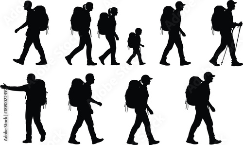 Hiking backpacker silhouettes set showing travelers trekking walking with backpacks outdoor adventure lifestyle concept isolated on white background