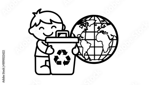 Child Hugging Recycle Bin and Earth Globe Line Art Vector
