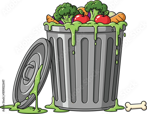 Food waste overflowing trash can illustration showing spoiled vegetables organic garbage recycling compost problem concept isolated on white background