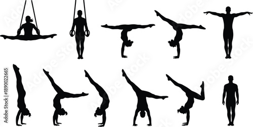 Gymnastics athlete silhouette set showing acrobatic poses balance strength flexibility training movements isolated on white background vector illustration design