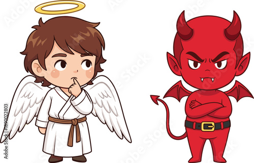 Cute angel and devil cartoon characters facing moral choice isolated on white background for fantasy ethics concept illustration