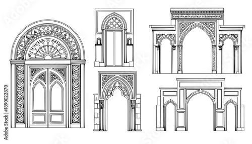 Art deco arch window and door frames, entrance doorways and gateway, vector architectural line drawing. Ancient classic architecture arch doors with arcs of Medieval temple, palace or mosque doorways