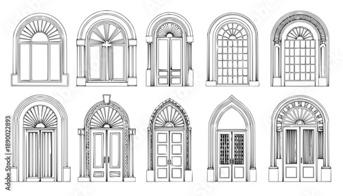 Art deco arch window and door frames, entrance doorways and gateway, vector architectural line drawing. Ancient classic architecture arch doors with arcs of Medieval temple, palace or mosque doorways