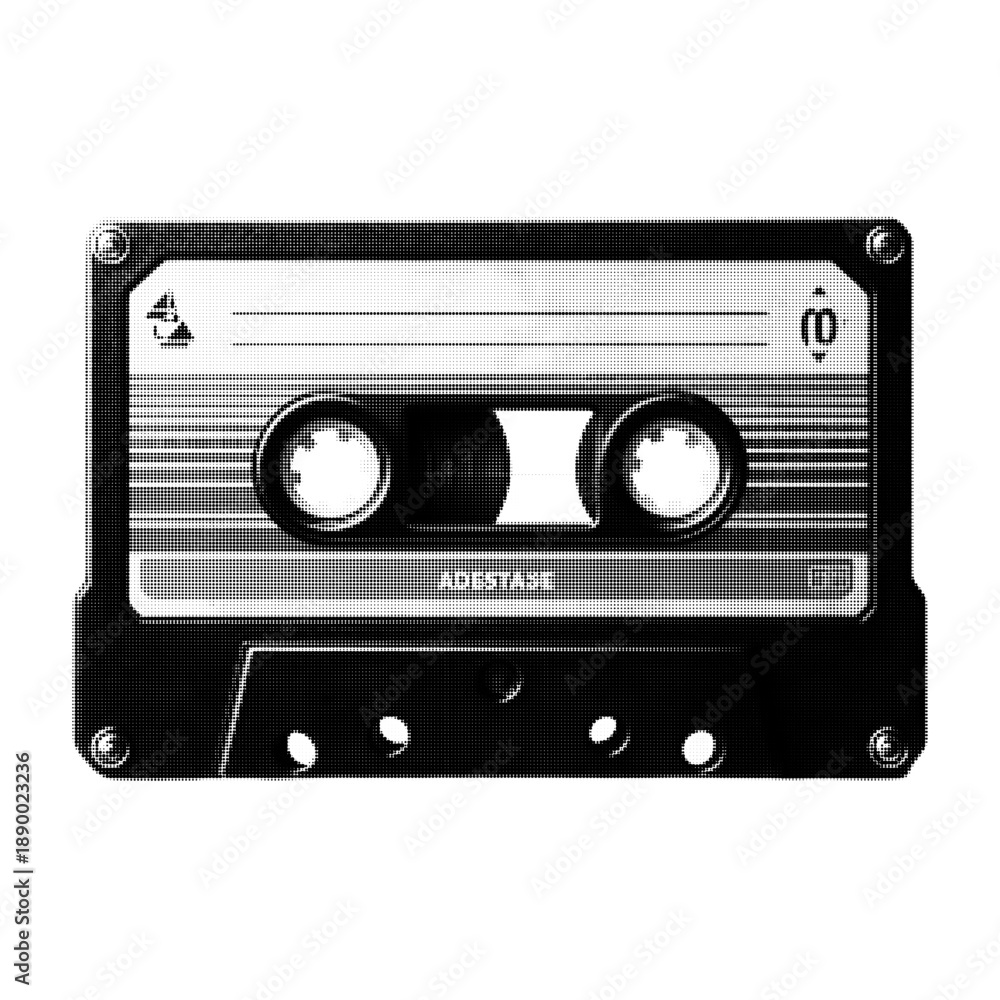 Obraz premium Retro audio cassette tape in black and white halftone dot style. Vintage analog media illustration symbolizing music recording, playback, nostalgia, 80s culture, and classic sound.