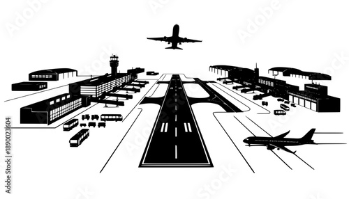 Airport with plane and facilities silhouette vector, transportation concept illustration for background.
