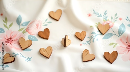 Wooden Hearts on Floral Fabric – Romantic Craft Arrangement with Pink Flowers and Natural Texture