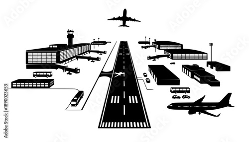 Airport with plane and facilities silhouette vector, transportation concept illustration for background.
